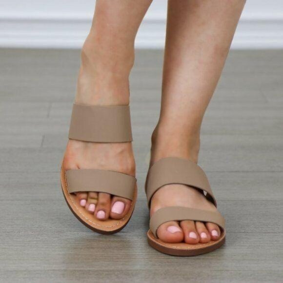 Slip On 2 Strap Flat Sandal Tan Faux Leather - Picture 4 of 8